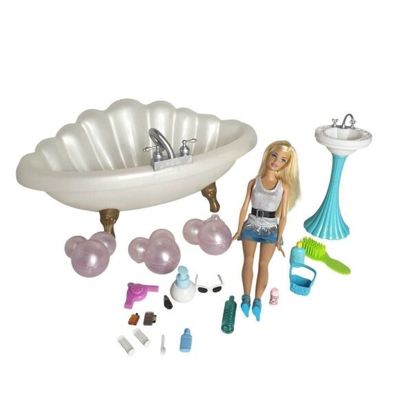 Barbie Bath Playset With Doll & Accessories Stylish Bathtub Sink Dollhouse Set - Picture 7 of 7